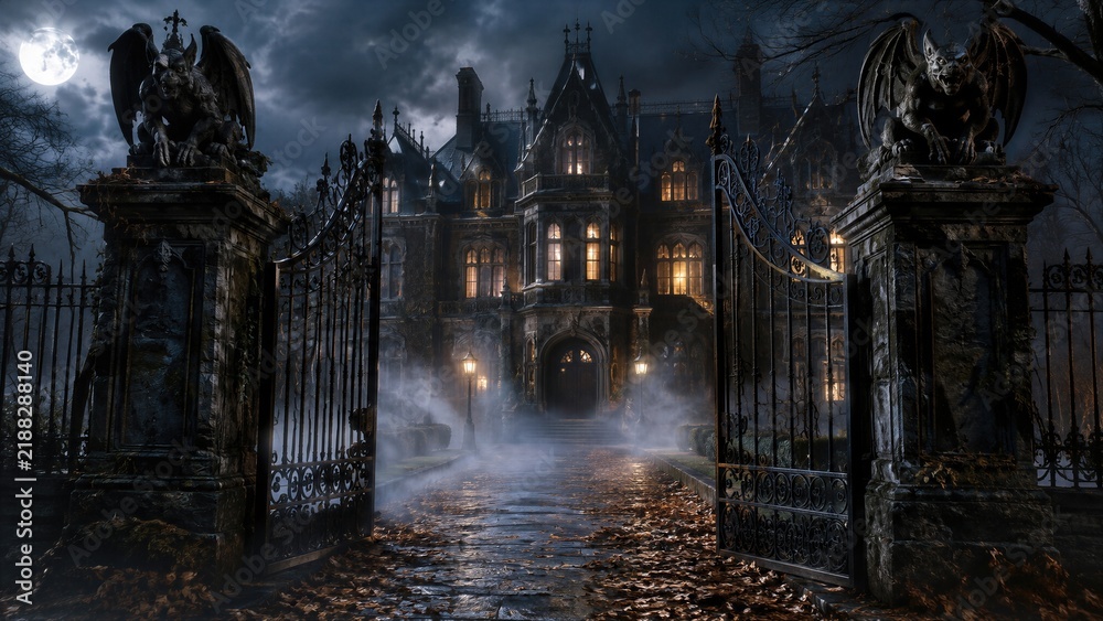 Obraz premium Spooky gothic haunted mansion with open iron gate and gargoyle statues at misty night. Full moon over dark castle manor. Mystery horror atmosphere for Halloween party background
