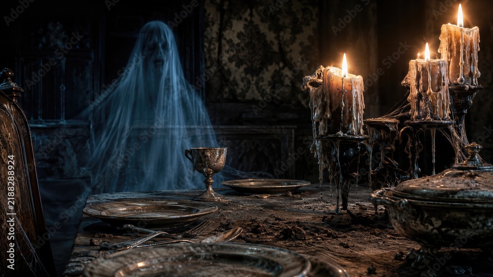 Fototapeta premium Ghost floating in dark abandoned dining room with old dusty table, melted candles, silver dishes and goblet. Spooky haunted house interior. Horror scene for Halloween.