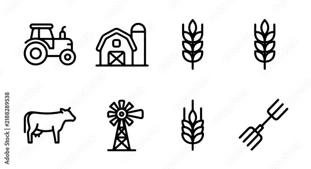 Fototapeta premium Farm Icons Set: Tractor, Barn, Wheat, Cow, Windmill, Pitchfork Vector Graphics