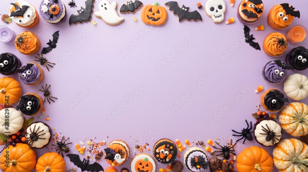 Fototapeta premium Halloween Border with Cakes, Bats, Spiders, and Small Pumpkins