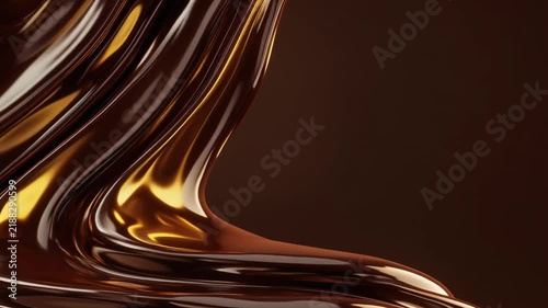Luxurious Molten Chocolate Flowing Smoothly with Golden Highlights and Dark Background Abstract Motion