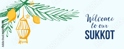 Welcome to our sukkot with lulav and etrog on festive branch background