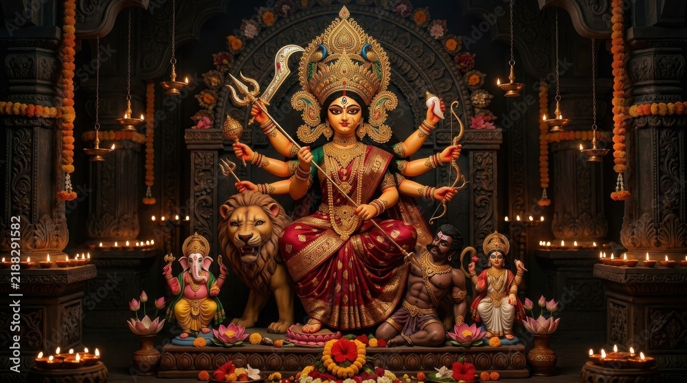 Fototapeta premium Goddess Durga idol with multiple arms seated on a lion in a temple setting