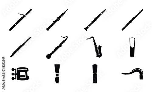 Woodwind Musical Instruments PNG Set, black silhouette collection