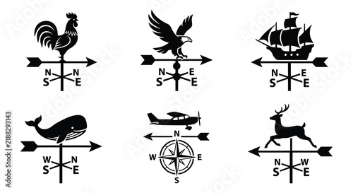 Foto Collection of black vector wind vanes with cardinal direction markings on white