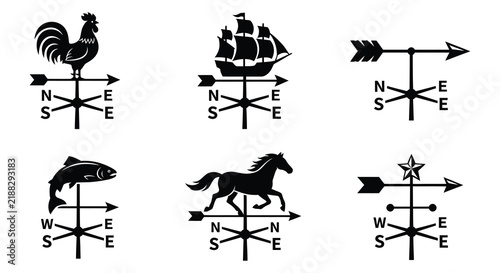 Foto Collection of black vector wind vanes with cardinal direction markings on white