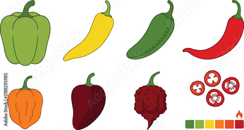 Bild auf Leinwand Hot chili peppers varieties set featuring bell pepper jalapeno habanero reaper s