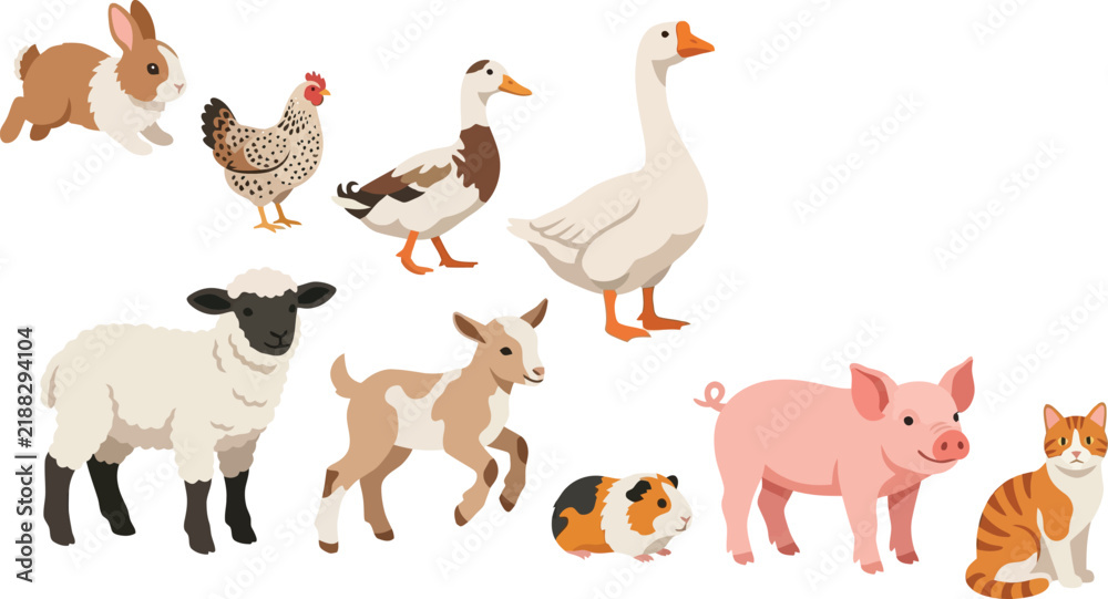 Fototapeta premium Farm animals gathered together in a colorful vector illustration with white background
