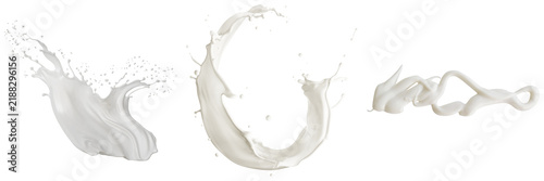 Three dynamic splashes of white liquid, likely milk, isolated on a transparent background.