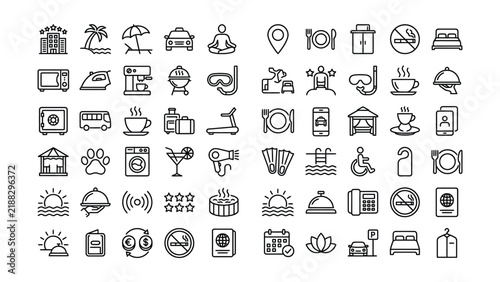 Set of diverse hotel and travel service icons outline style vector graphics