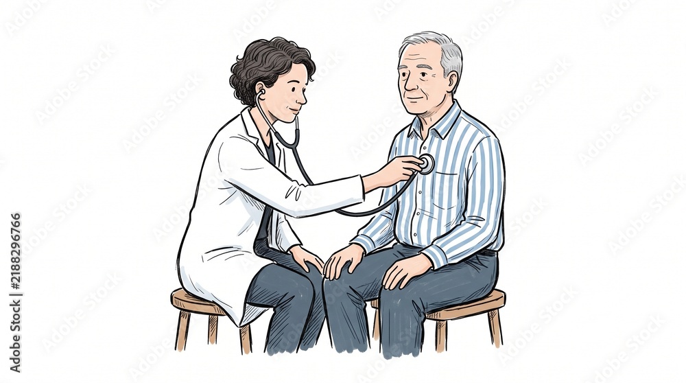 Obraz premium Young physician checking a senior man lungs and chest during a clinical medical