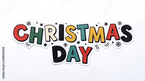 Colorful christmas day text label with decorative snowflakes and stars for festive holiday season greeting cards