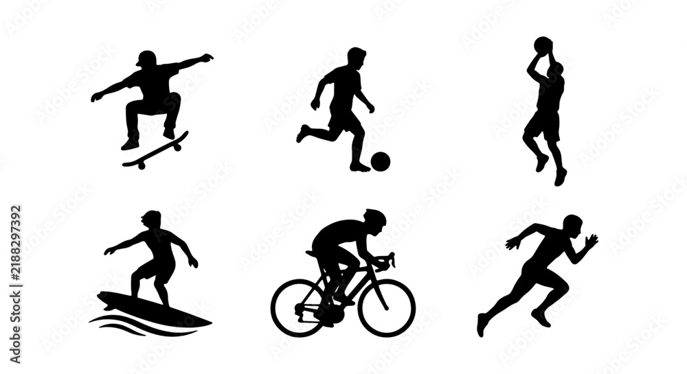 Obraz premium Dynamic Sports Silhouettes: Skater, Soccer Player, Basketball Player, Surfer, Cyclist, Runner Vector Icons for Active Lifestyle and Fitness Graphics