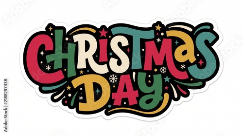 Colorful christmas day typography design with festive decorative snowflakes and stars in a modern retro graphic style