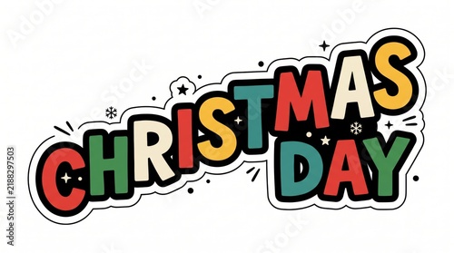 Colorful christmas day text label with festive holiday letters and small snowflake decorations for winter season design