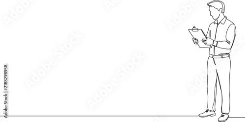 continuous line drawing of a businessman or manager reading documents on a clipboard, quality control, inspection or office work concept, line art vector illustration