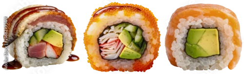 Obraz  z motywem Three different types of sushi rolls with various fillings and toppings, isolated on a transparent background