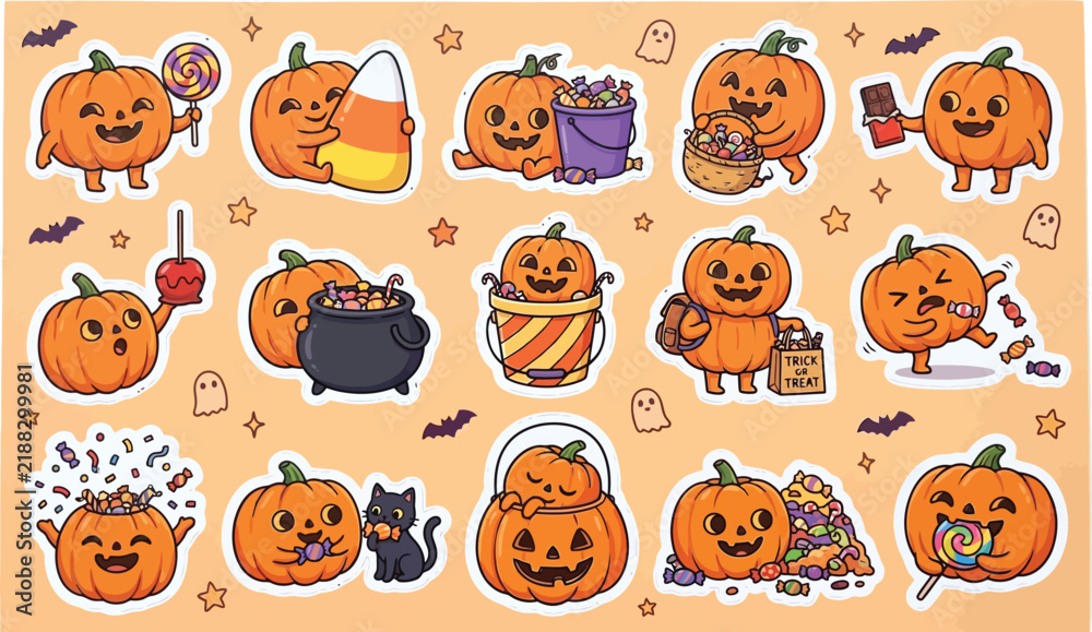 Fototapeta premium Pumpkin characters with halloween treats and decorations colorful vector illustration autumn