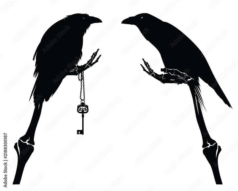 Obraz premium human skeleton hand holding antique key with perching raven bird - fantasy memento mori black and white vector silhouette print design