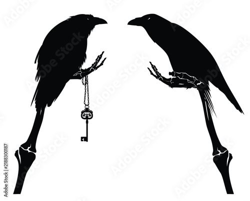 Foto human skeleton hand holding antique key with perching raven bird - fantasy memen
