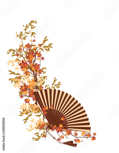 traditional asian foldable hand fan with tassel among autumn foliage forming corner border -  copy space vector design for fall season decoration