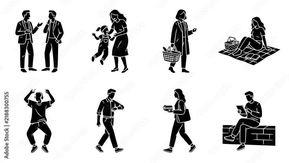 Obraz premium Nine black silhouette people using smartphones and working in modern office setting Vector