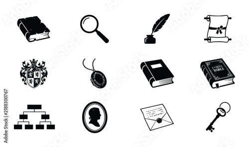 History and research icon set for education and investigation outline, solid and color styles, white background