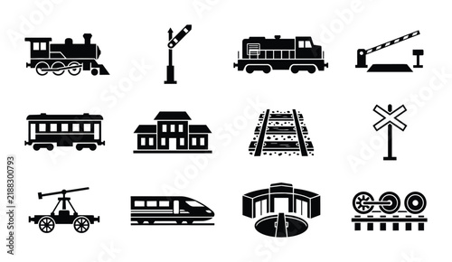 Transportation icon set featuring trains and railway elements outline, solid and color styles on white background