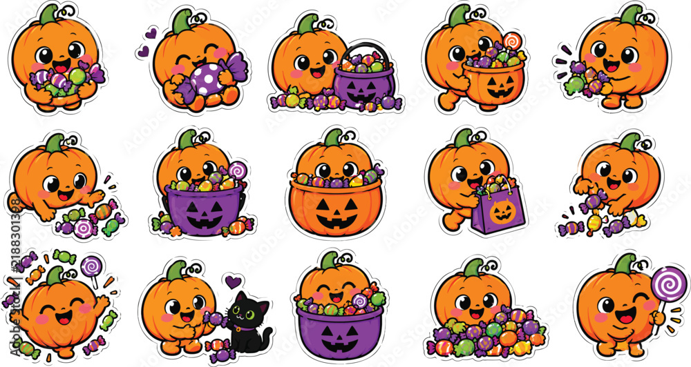 Fototapeta premium Halloween pumpkins with candy and jack o lanterns colorful vector illustration