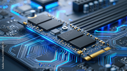 High tech close up of solid state drive module on illuminated circuit board with cool blue lighting and cinematic macro detail