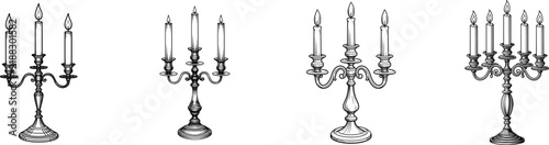A vintage-style three-armed candelabra with three lit candles in black and white line art, isolated on a pristine white background, vectorized for easy editing