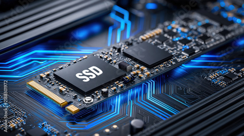 High detail close up of solid state drive circuit board with glowing blue traces and electronic components, sleek tech aesthetic and dynamic