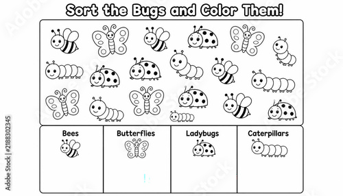 Preschool sorting and coloring worksheet featuring cute garden insects in differ-0