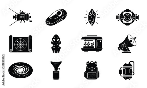 Foto 12 Sci-fi icons linear icon set spaceship alien crystal map, UI and web interfac