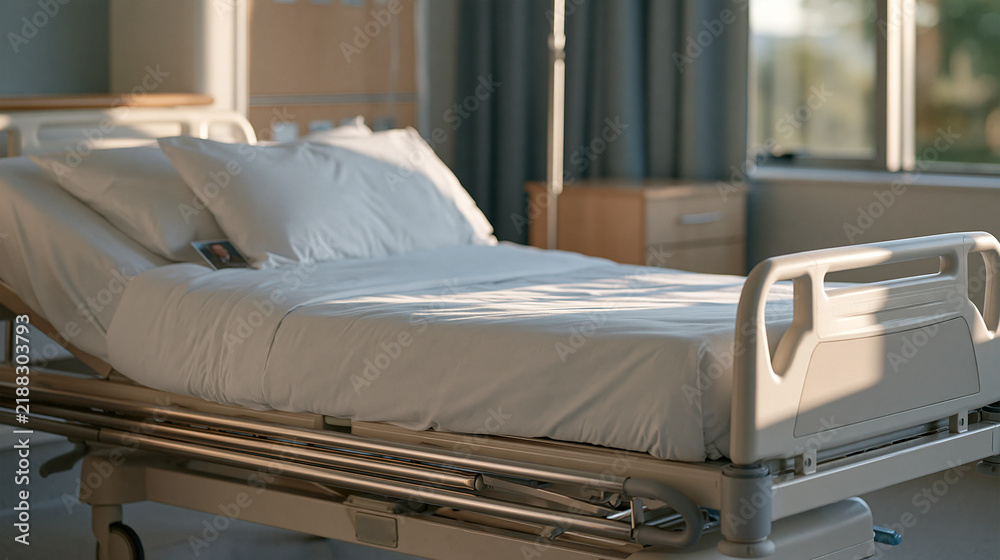 Obraz premium Empty military hospital bed with a personal photograph tucked against the pillow, wartime casualty grief, veteran loss, hospital mourning, conflict aftermath, bereavement in