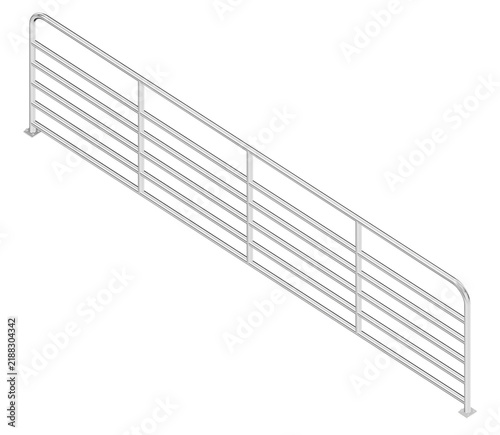 high-quality 3d realistic isometric render of a robust steel pipe fence panel showcasing metallic textures and welded joints designed for heavy livestock enclosures and secure industrial boundaries