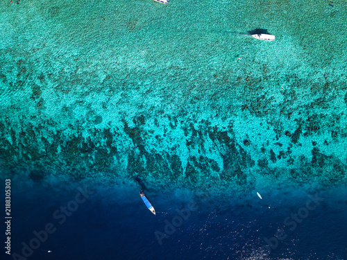 фотографія The intricate textures of a shallow coral reef dominate this straight-down drone frame off the coast of Gili Trawangan, with a small boat visible in the deeper blue water at the edge of the reef