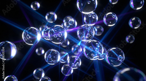 A mesmerizing futuristic abstract 3D illustration of multiple floating transparent glass spheres beautifully illuminated by dynamic glowing blue laser light rays on a black background.
