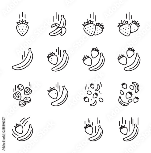 Fresh Strawberries and Bananas falling in a playful line art pattern