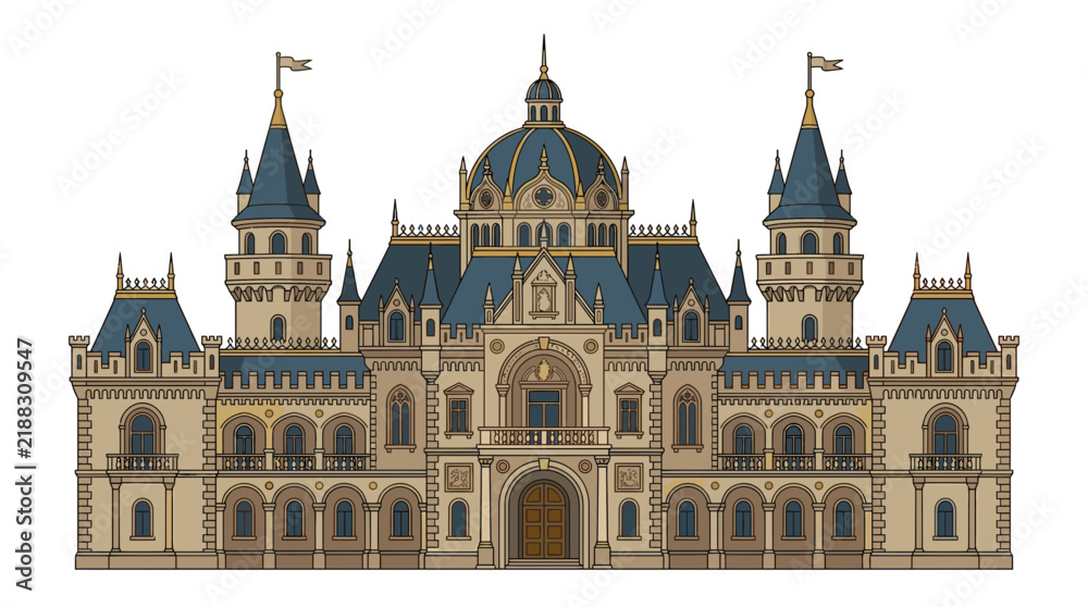 Obraz premium Ornate Castle Building with Towers and Dome