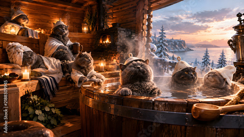 Group of British Cats Relaxing in a Finnish Sauna and Russian Bath Tub, Luxury Cat Spa and Wellness Retreat