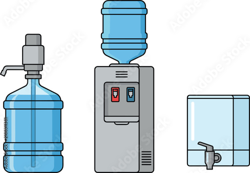 Bild auf Leinwand Drinking Water Dispenser Vector Set with Electric Cooler Large Gallon Carboy and