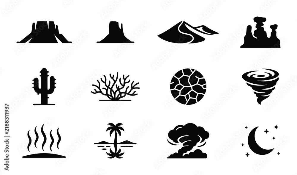 Fototapeta premium 12 Desert and Weather Silhouette Icons, Silhouette, for Nature and Climate Design