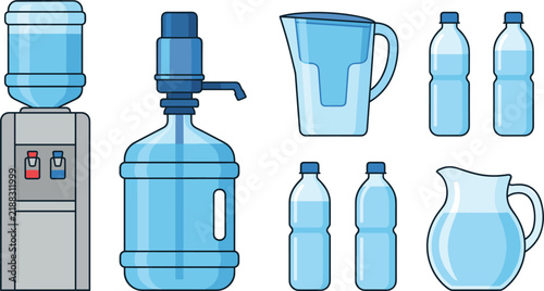 Bild auf Leinwand Drinking Water Dispenser and Bottle Vector Set with Cooler Pitcher Jug and Hand