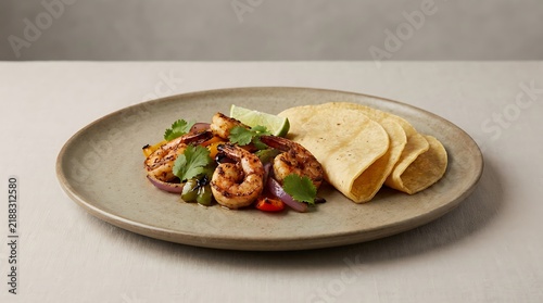 Grilled shrimp served with fresh colorful vegetables and flatbread on a round green ceramic dinner plate. shrimp fajitas