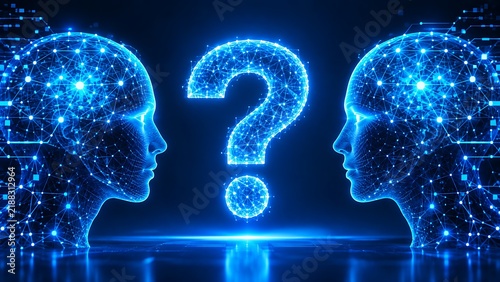 showcases glowing blue artificial intelligence profiles facing a large, illuminated digital question mark between them