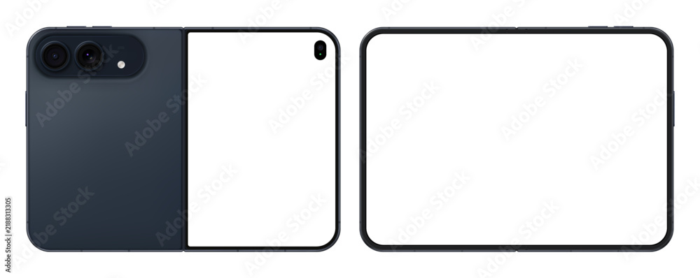Obraz premium Detailed folded blue new mobile phone mockup. Front and rear smartphone view isolated on transparent background. Vector PNG