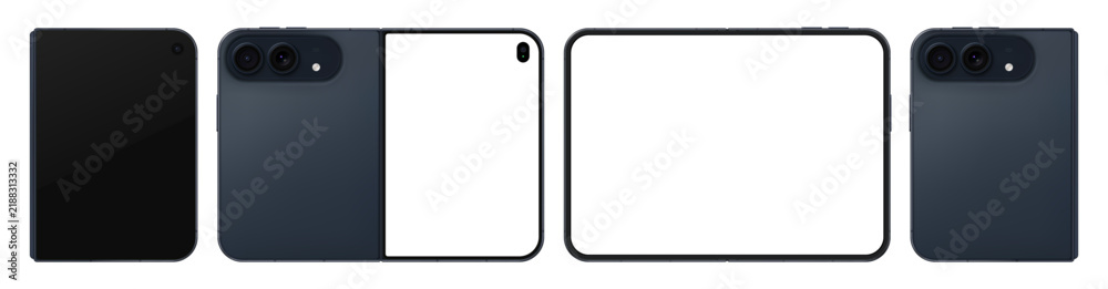 Obraz premium Detailed folded blue new mobile phone mockup. Front and rear smartphone view isolated on transparent background. Vector PNG