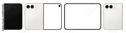 Detailed folded white new mobile phone mockup. Front and rear smartphone view isolated on transparent background. Vector PNG