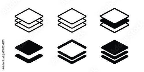 Layers icon set, numbered layers 1 to 10, logo levels, tiers and stacked sheets, material layers, surface levels, technology, business, and vector illustration.